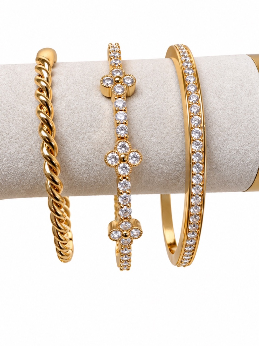 Crystal Clover Bangle Set - Gold